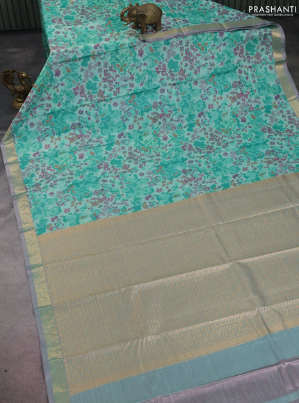 Bangalori semi silk saree teal green shade with allover ikat weaves and zari woven border