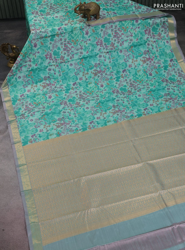 Bangalori semi silk saree teal green shade with allover ikat weaves and zari woven border