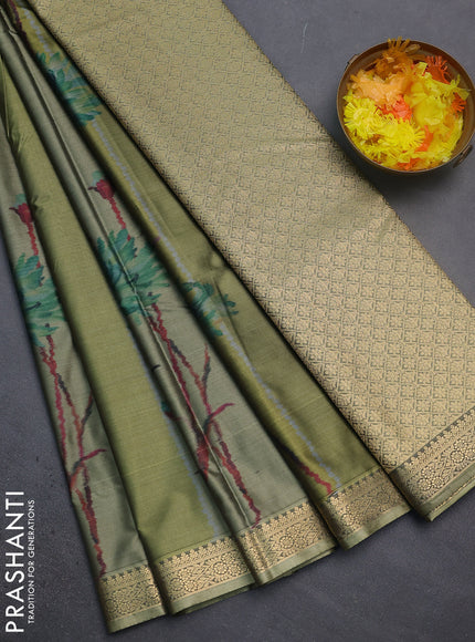 Bangalori semi silk saree olive green with floral design ikat weaves and zari woven border