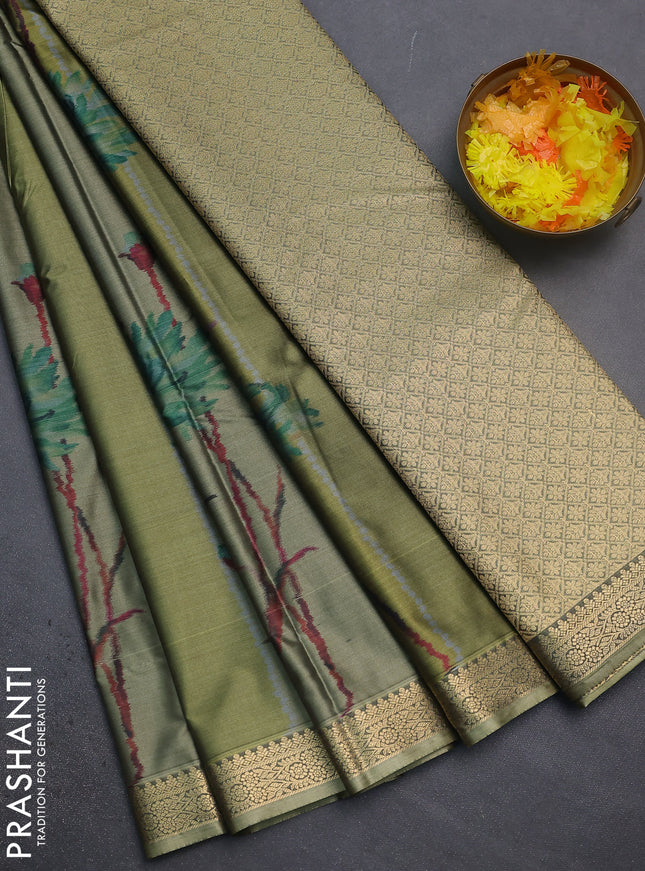 Bangalori semi silk saree olive green with floral design ikat weaves and zari woven border
