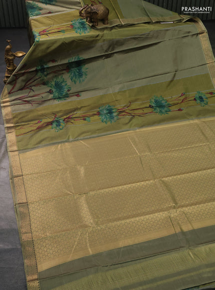 Bangalori semi silk saree olive green with floral design ikat weaves and zari woven border