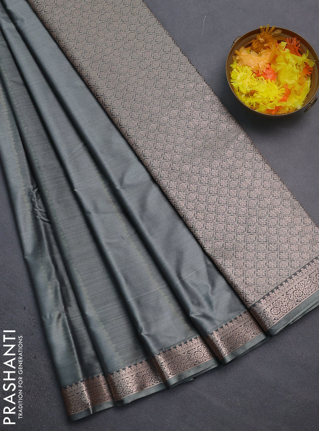 Bangalori semi silk saree grey with floral design ikat weaves and zari woven border