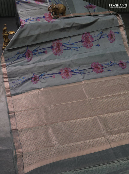 Bangalori semi silk saree grey with floral design ikat weaves and zari woven border