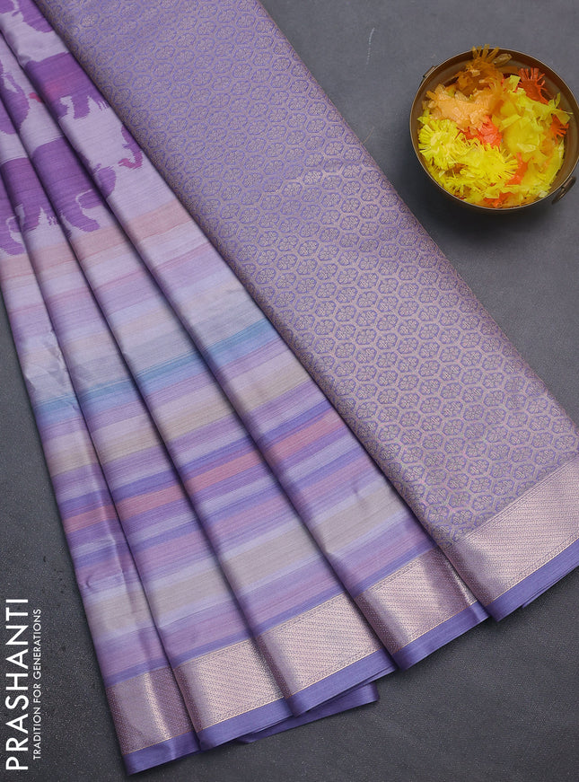Bangalori semi silk saree pastel lavender with elephant butta ikat weaves and zari woven border