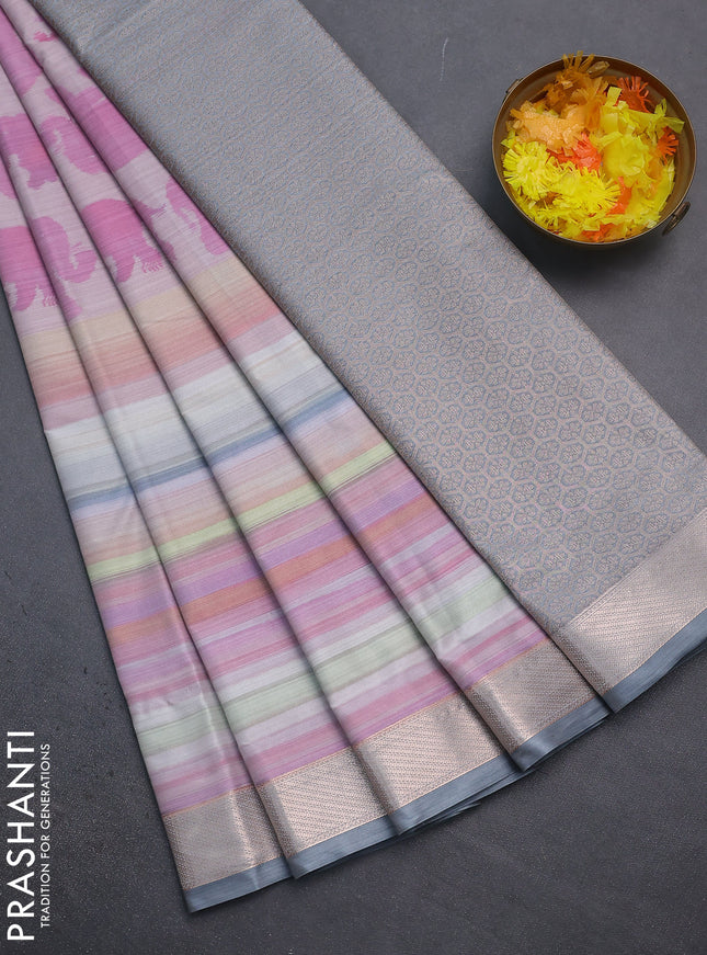 Bangalori semi silk saree pastel pink and grey with elephant butta ikat weaves and zari woven border