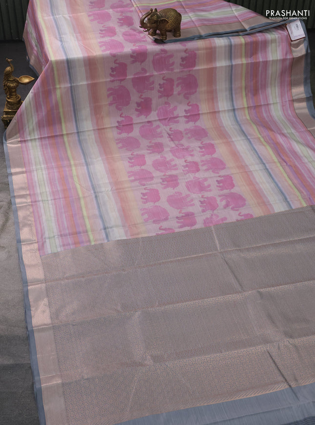 Bangalori semi silk saree pastel pink and grey with elephant butta ikat weaves and zari woven border