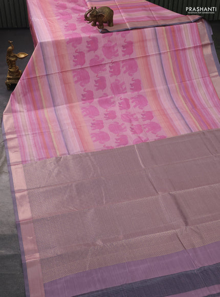 Bangalori semi silk saree peach pink and grey with elephant butta ikat weaves and zari woven border