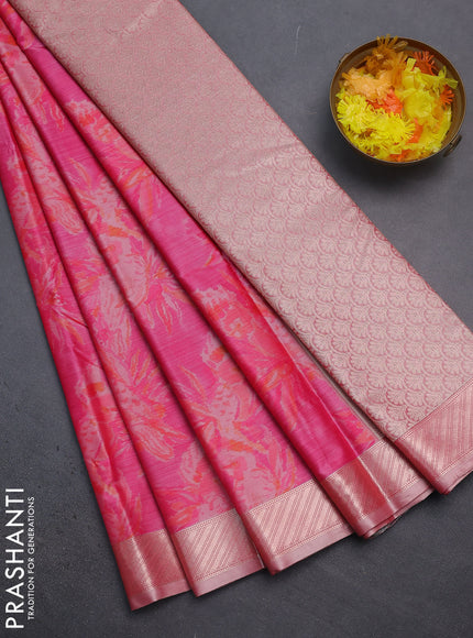 Bangalori semi silk saree pink with floral design ikat weaves and zari woven border