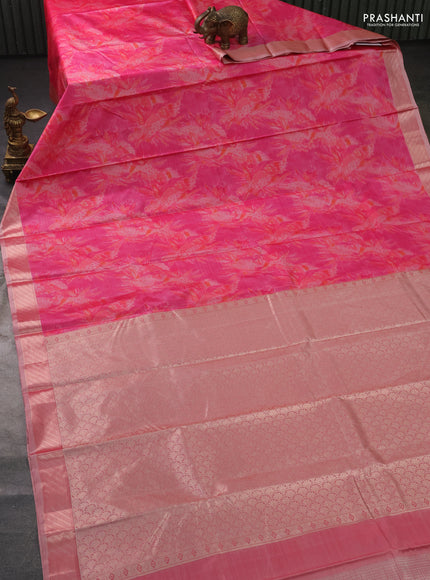 Bangalori semi silk saree pink with floral design ikat weaves and zari woven border