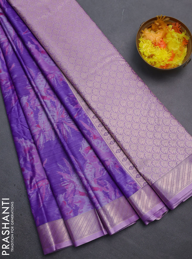 Bangalori semi silk saree lavender with floral design ikat weaves and zari woven border