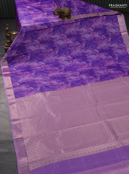 Bangalori semi silk saree lavender with floral design ikat weaves and zari woven border