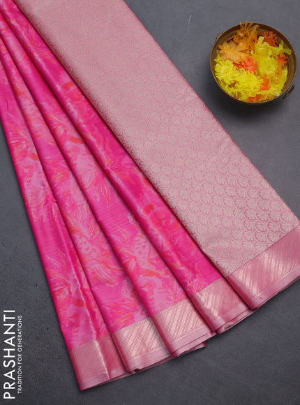 Bangalori semi silk saree pink with floral design ikat weaves and zari woven border