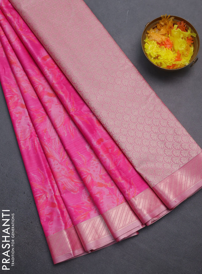 Bangalori semi silk saree pink with floral design ikat weaves and zari woven border