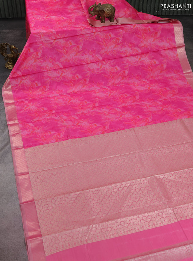 Bangalori semi silk saree pink with floral design ikat weaves and zari woven border