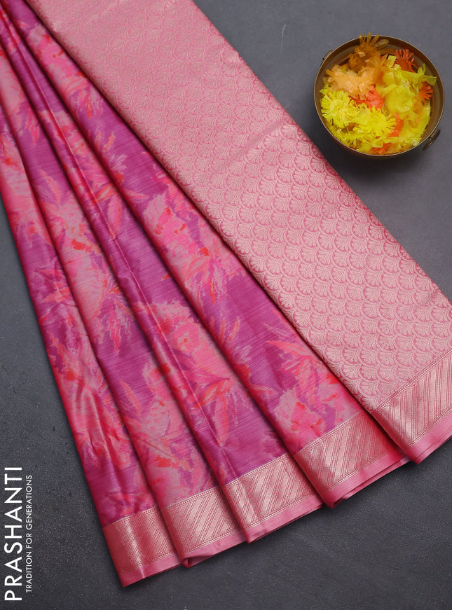 Bangalori semi silk saree peach pink with floral design ikat weaves and zari woven border