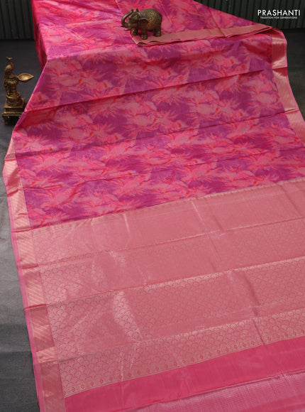 Bangalori semi silk saree peach pink with floral design ikat weaves and zari woven border
