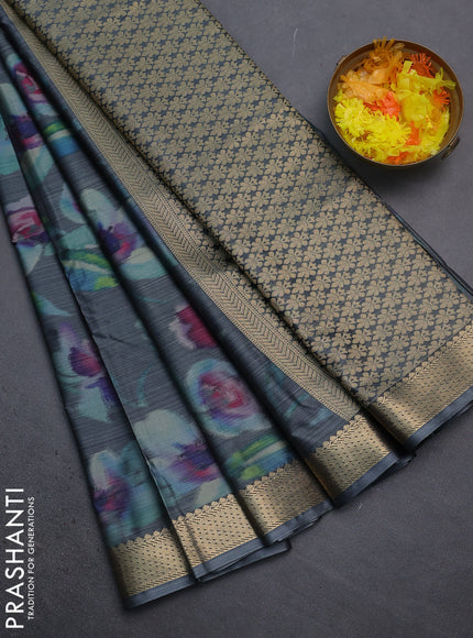 Bangalori semi silk saree grey with floral design ikat weaves and zari woven border
