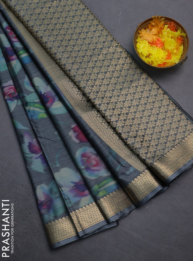 Bangalori semi silk saree grey with floral design ikat weaves and zari woven border