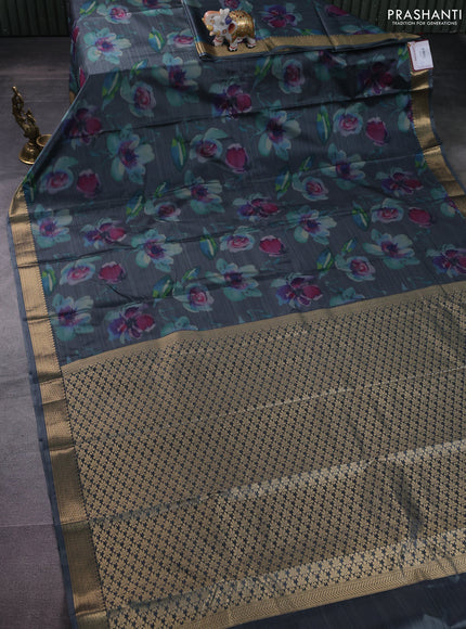 Bangalori semi silk saree grey with floral design ikat weaves and zari woven border