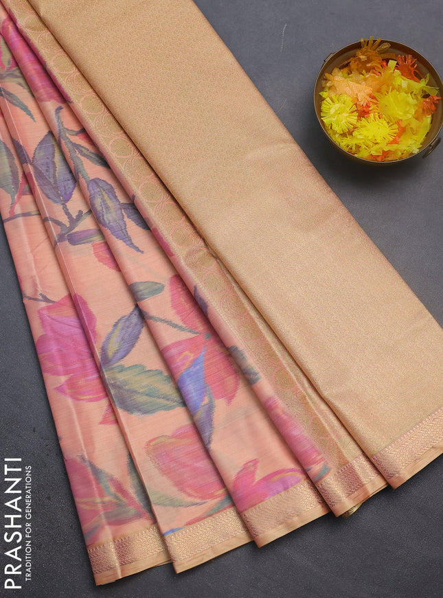 Bangalori semi silk saree pale orange with floral design ikat weaves and zari woven border