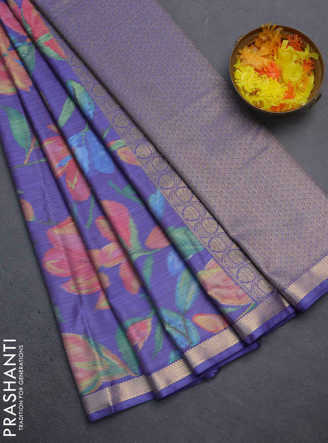 Bangalori semi silk saree blue with floral design ikat weaves and zari woven border