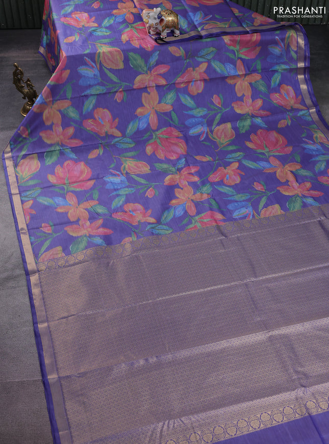 Bangalori semi silk saree blue with floral design ikat weaves and zari woven border