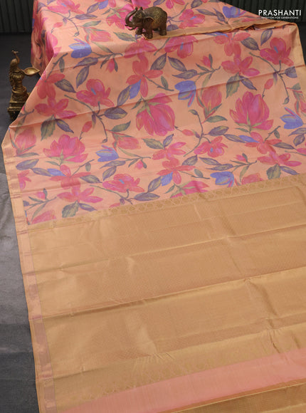 Bangalori semi silk saree pale orange with floral design ikat weaves and zari woven border