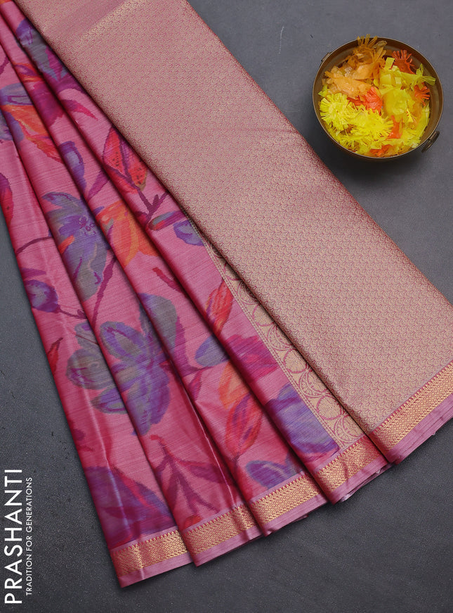 Bangalori semi silk saree peach pink with floral design ikat weaves and zari woven border