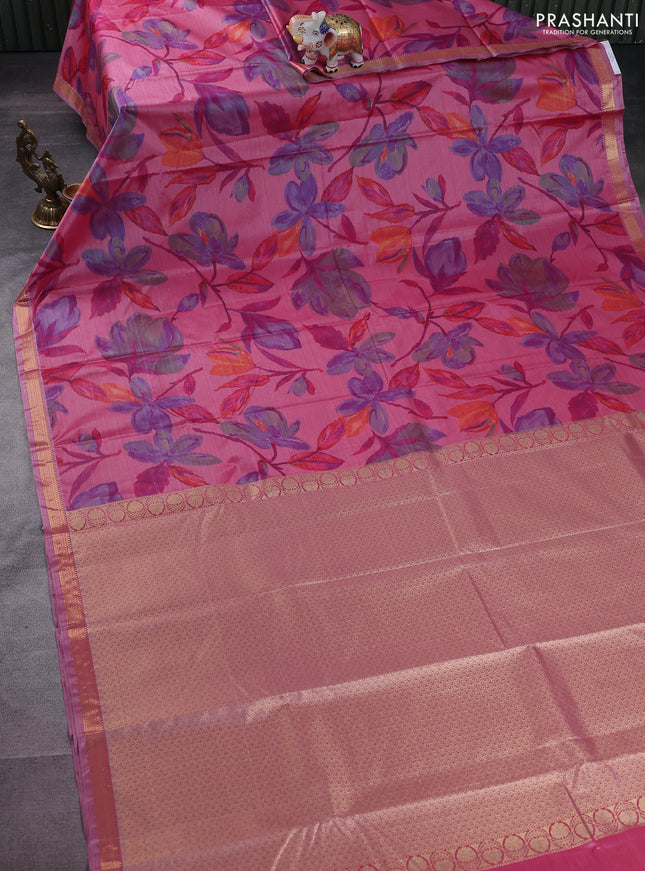 Bangalori semi silk saree peach pink with floral design ikat weaves and zari woven border
