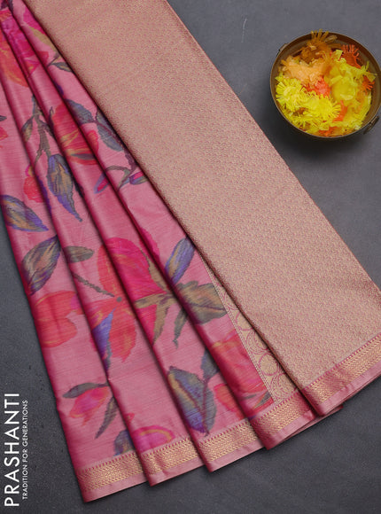 Bangalori semi silk saree peach pink with floral design ikat weaves and zari woven border