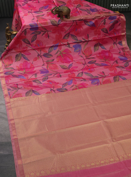 Bangalori semi silk saree peach pink with floral design ikat weaves and zari woven border