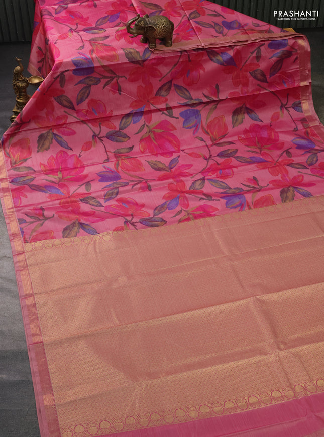Bangalori semi silk saree peach pink with floral design ikat weaves and zari woven border