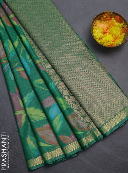 Bangalori semi silk saree green with floral design ikat weaves and zari woven border