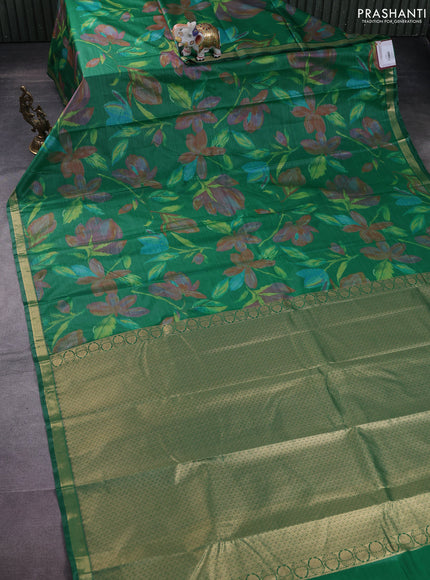 Bangalori semi silk saree green with floral design ikat weaves and zari woven border