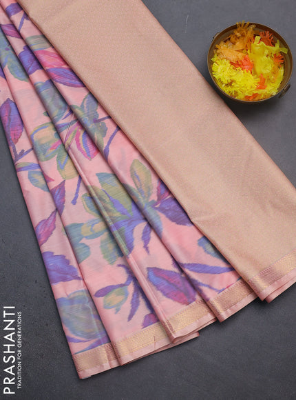 Bangalori semi silk saree peach shade with floral design ikat weaves and zari woven border