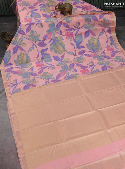 Bangalori semi silk saree peach shade with floral design ikat weaves and zari woven border