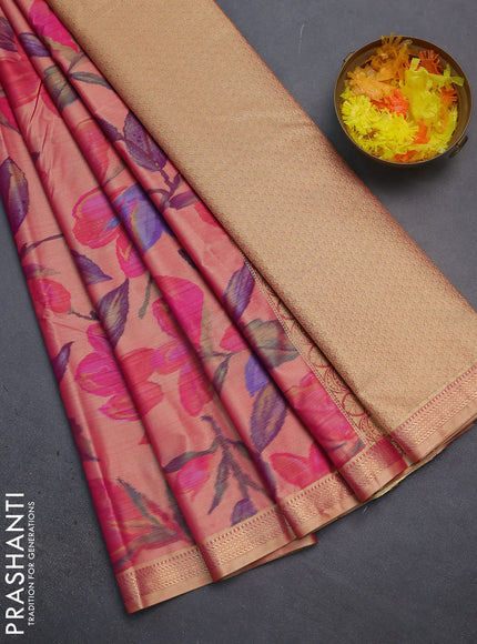 Bangalori semi silk saree sandal with floral design ikat weaves and zari woven border