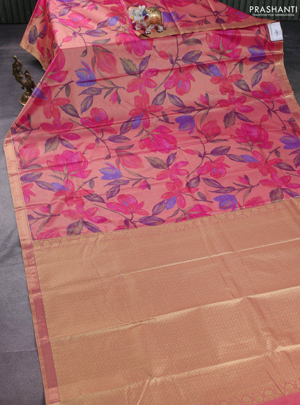 Bangalori semi silk saree sandal with floral design ikat weaves and zari woven border