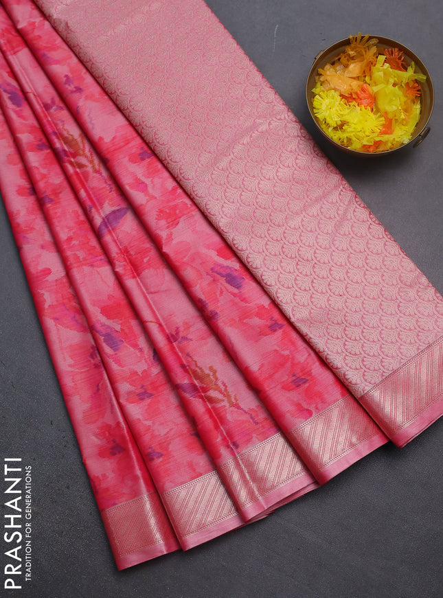Bangalori semi silk saree peach shade with floral design ikat weaves and zari woven border