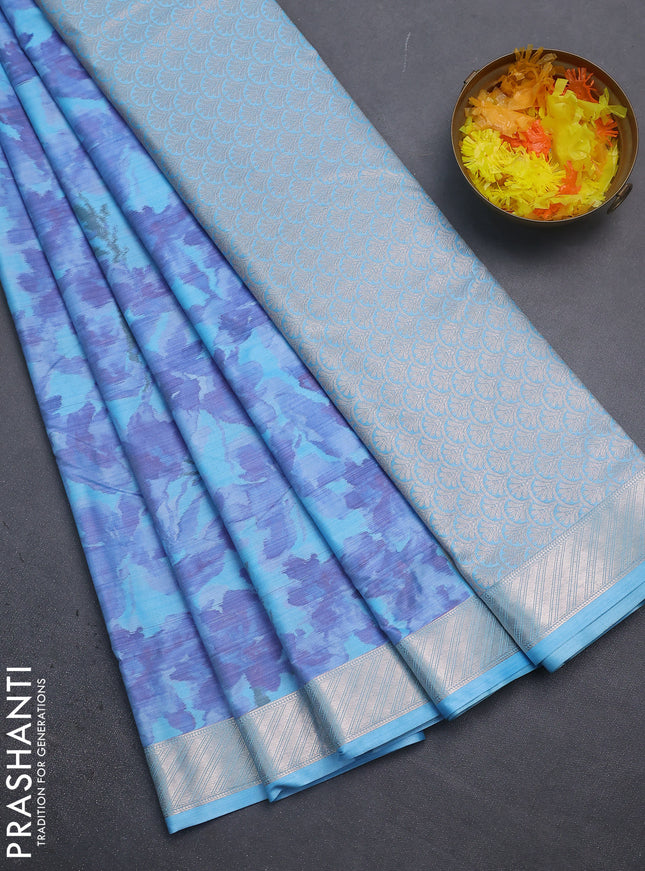 Bangalori semi silk saree light blue with floral design ikat weaves and zari woven border