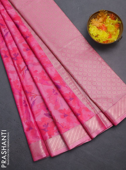 Bangalori semi silk saree peach pink with floral design ikat weaves and zari woven border