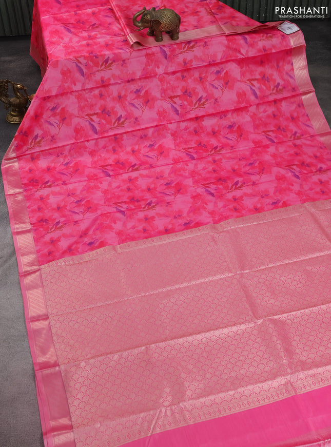 Bangalori semi silk saree peach pink with floral design ikat weaves and zari woven border