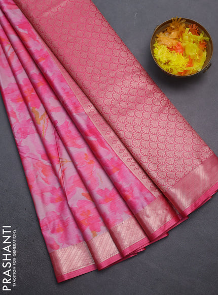 Bangalori semi silk saree light pink and pink with floral design ikat weaves and zari woven border