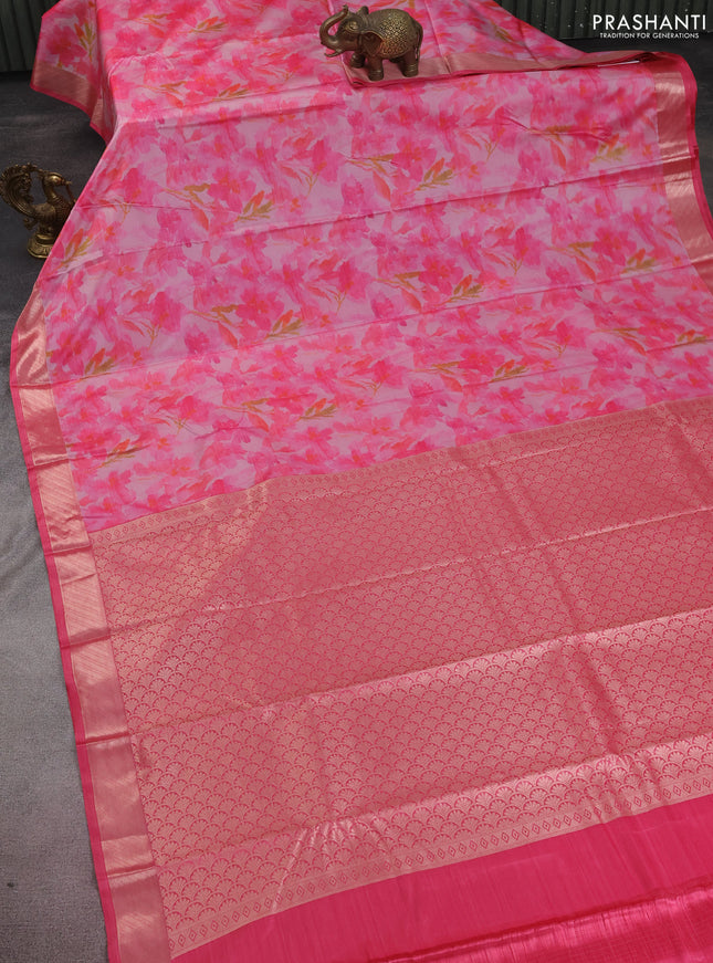 Bangalori semi silk saree light pink and pink with floral design ikat weaves and zari woven border