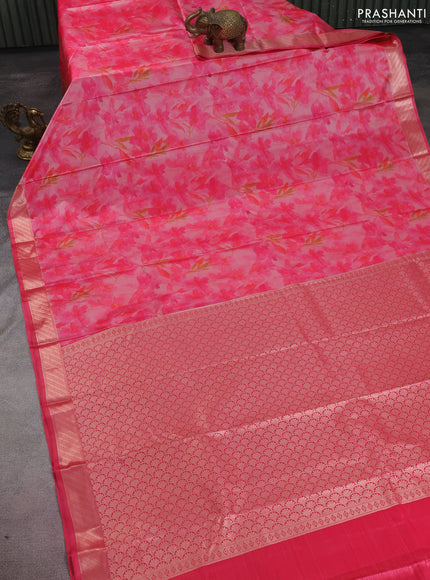 Bangalori semi silk saree peach pink and pink with floral design ikat weaves and zari woven border