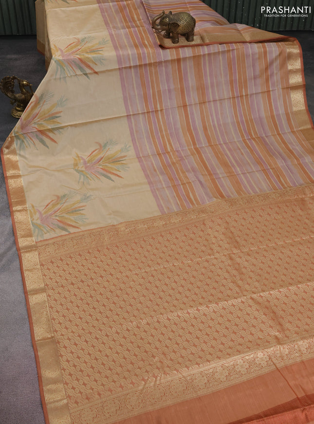 Bangalori semi silk saree beige and rust shade with allover ikat weaves and zari woven border