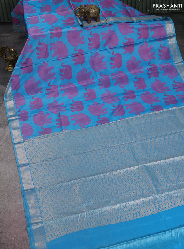 Bangalori semi silk saree teal blue and pink with allover elephant ikat butta weaves and zari woven border