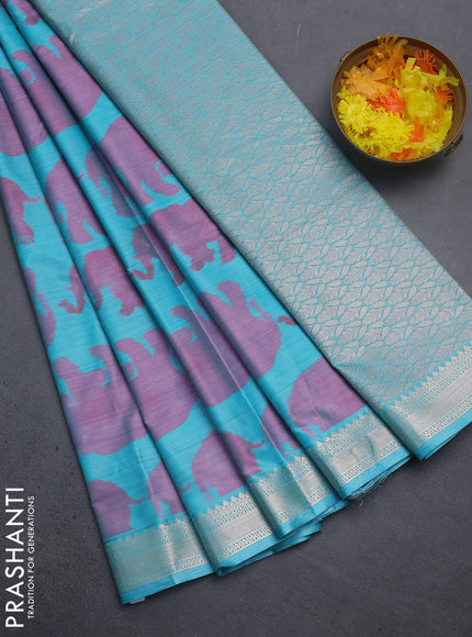 Bangalori semi silk saree teal blue with allover elephant ikat butta weaves and zari woven border