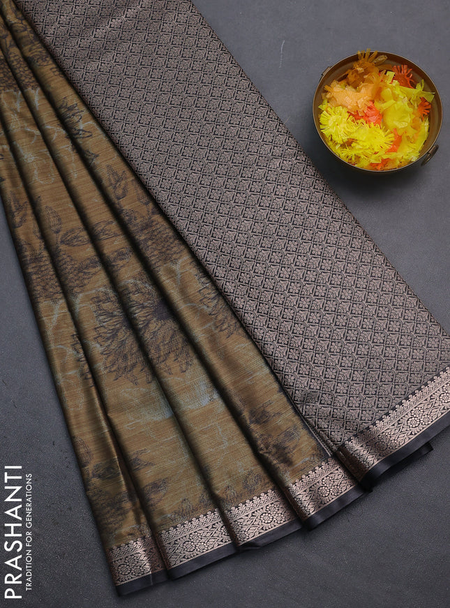 Bangalori semi silk saree dark sandal and grey with allover ikat weaves and zari woven border