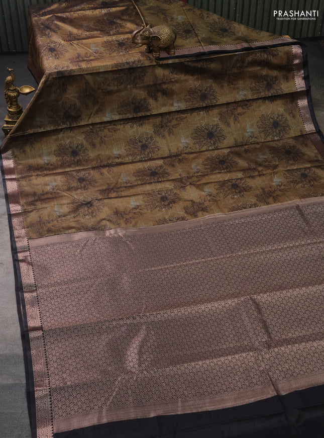 Bangalori semi silk saree dark sandal and grey with allover ikat weaves and zari woven border